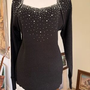 Size 2X Black vintage 1980’s Sweater with hand sewn rhinestone Embellishments